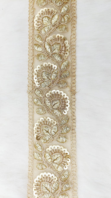 Gold Sequins Trim 2 Yards Decorative Floral Embroidered Lace Sari Border Costume Ribbon Crafting